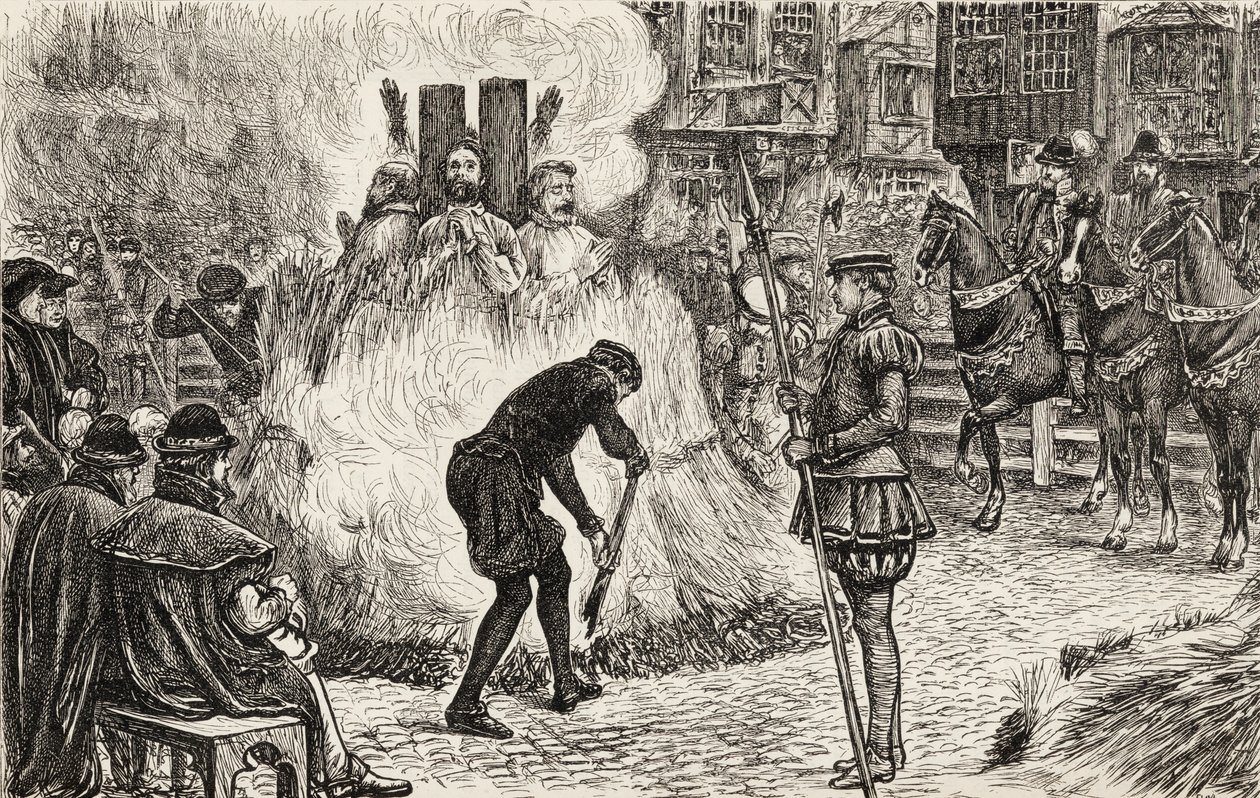 John Bland, John Frankesh, Nicholas Sheterden et Humphrey Middleton brûlés vifs pour hérésie au 16ème siècle, vers 1865 (gravure sur bois) - English School