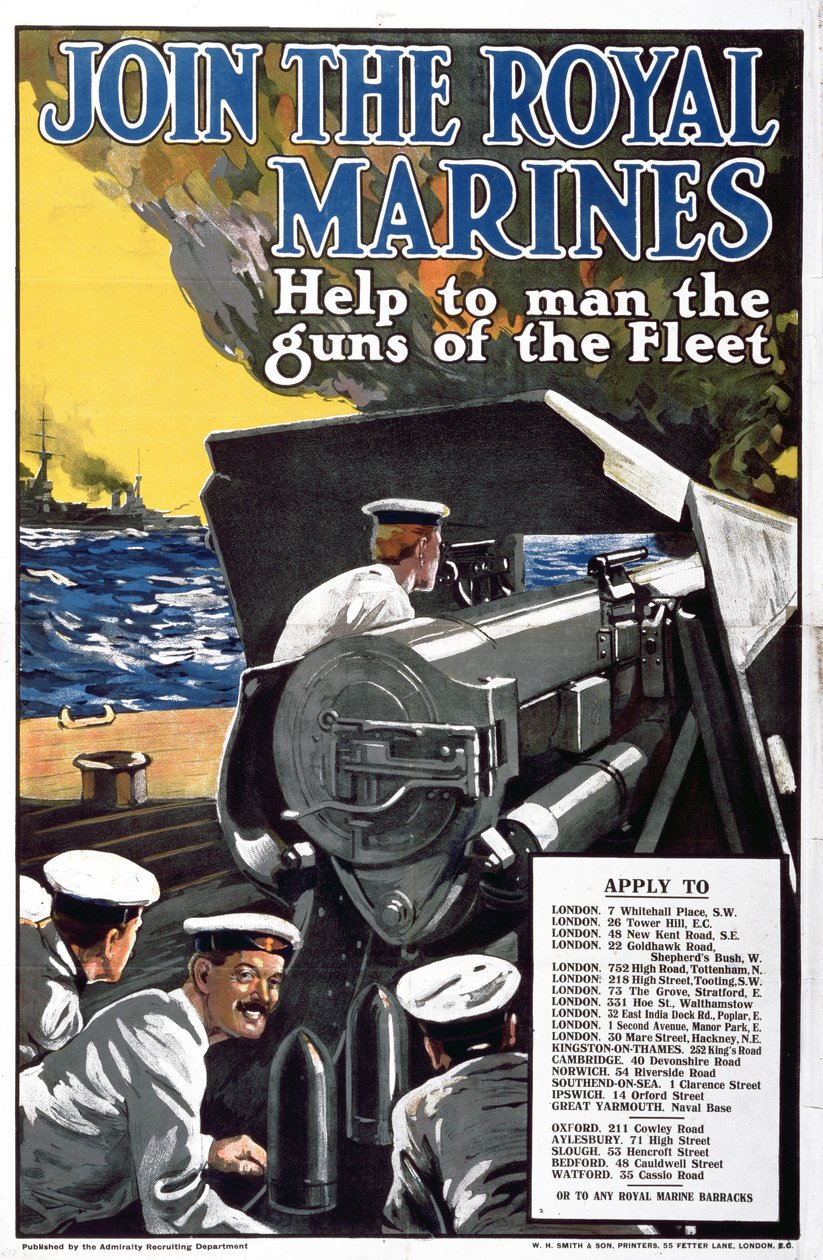 Rejoignez les Royal Marines - Aidez à armer les canons de la flotte, affiche de recrutement de la Première Guerre mondiale - English School