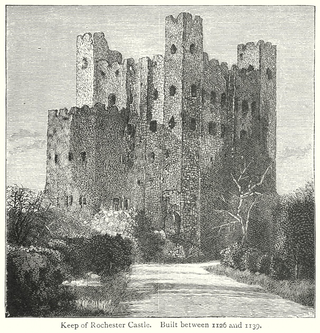 Donjon du château de Rochester. Construit entre 1126 et 1139 (gravure) - English School