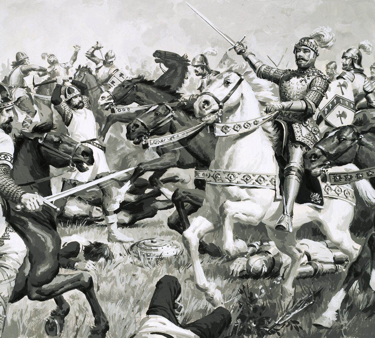 Le roi Arthur mène les Britanniques à une victoire écrasante contre les Saxons. - English School