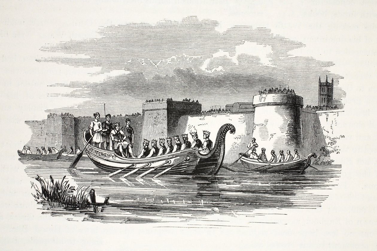 Le roi Edgar ramé par huit rois sur la rivière Dee, publié au 19ème siècle (gravure sur acier) - English School