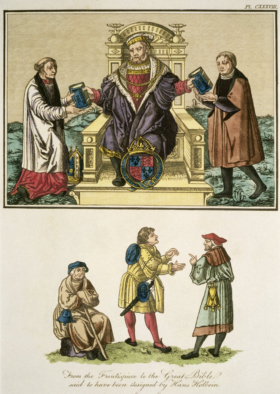 Roi Henri VIII (1491-1547) du frontispice de la Grande Bible, dit avoir été conçu par Hans Holbein, illustration de The Complete View of the Dress and Habits of the People of England Volume II, publié en 1799 - English School