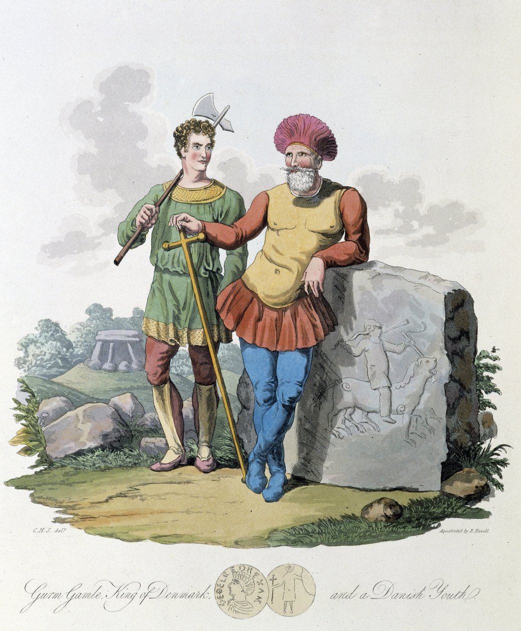 Roi du Danemark et jeune Danois - dans « Celtes et Goths, coutumes des habitants des îles britanniques du début du VIe siècle et des nations gothiques de la côte ouest de la Baltique », par S.R. Meyrick et Ch. Smith - English School
