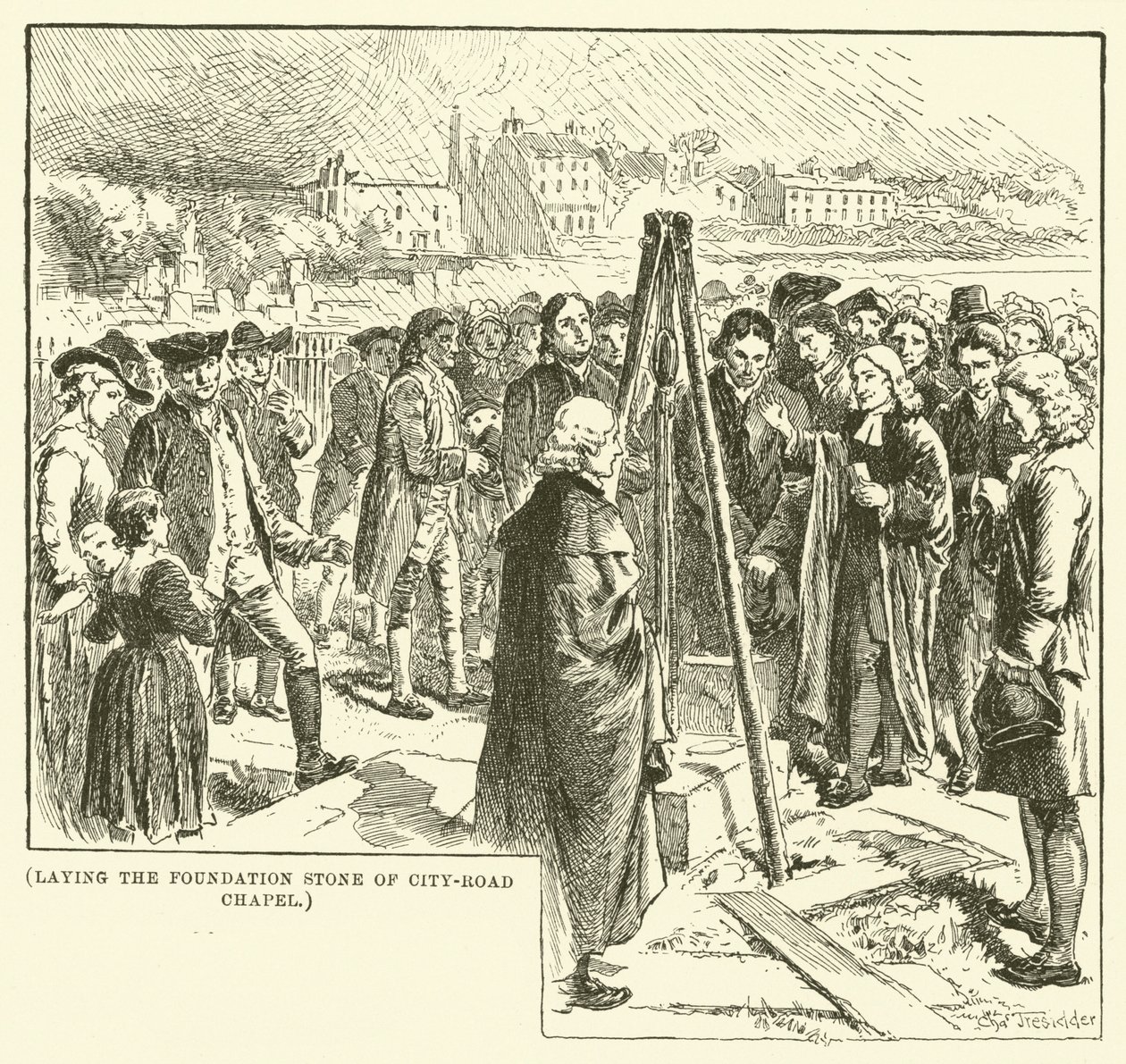 Pose de la première pierre de la chapelle City-Road (gravure) - English School