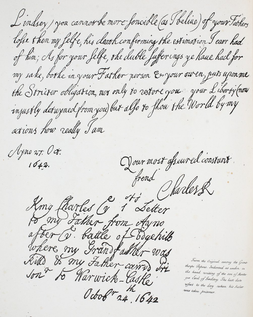 Lettre de Charles II à Montague, comte de Lindsey, 27 octobre 1642 - English School