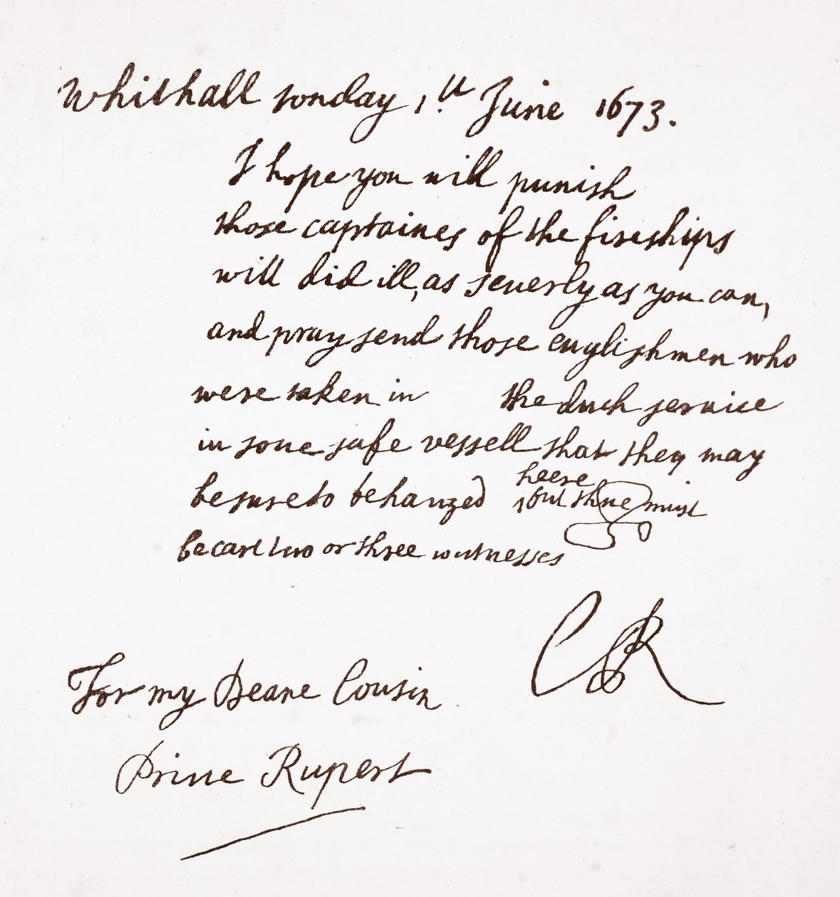 Lettre de Charles II au prince Rupert, 1er juin 1673 - English School