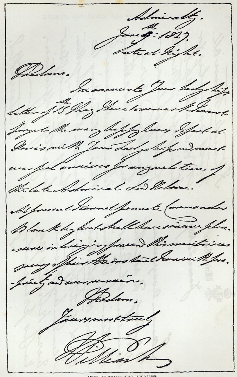 Lettre de Guillaume IV à Lady Nelson, 1827, publiée dans 