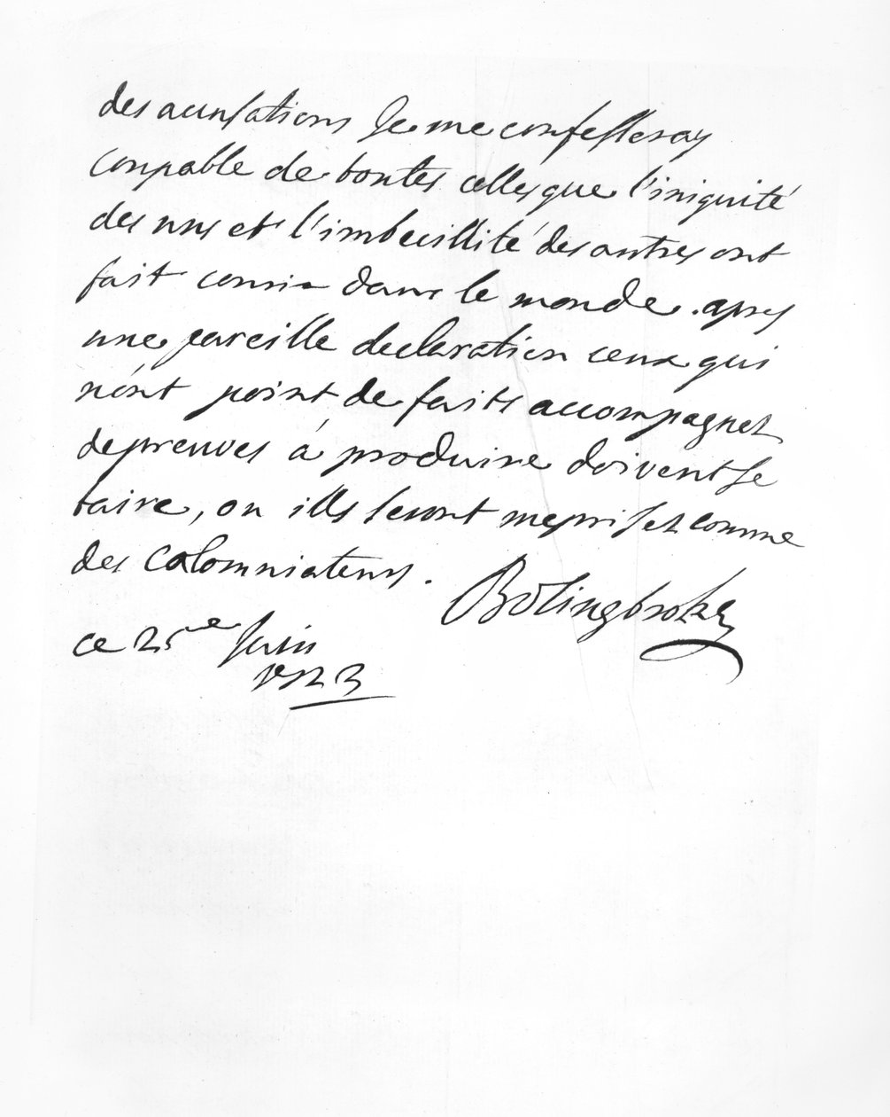 Lettre envoyée par Lord Bolingbroke à l