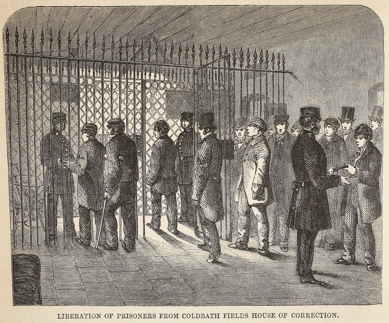 Libération des prisonniers de la maison de correction de Coldbath Fields, illustration de The Criminal Prisons of London and Scenes from Prison Life par Henry Mayhew et John Binny, pub. 1862 - English School