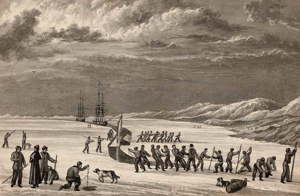 Premier voyage du lieutenant William Parry : Les équipages du H.M.S. Hecla et du H.M.S. Griper coupant dans Winter Harbour, vers 1819 - English School