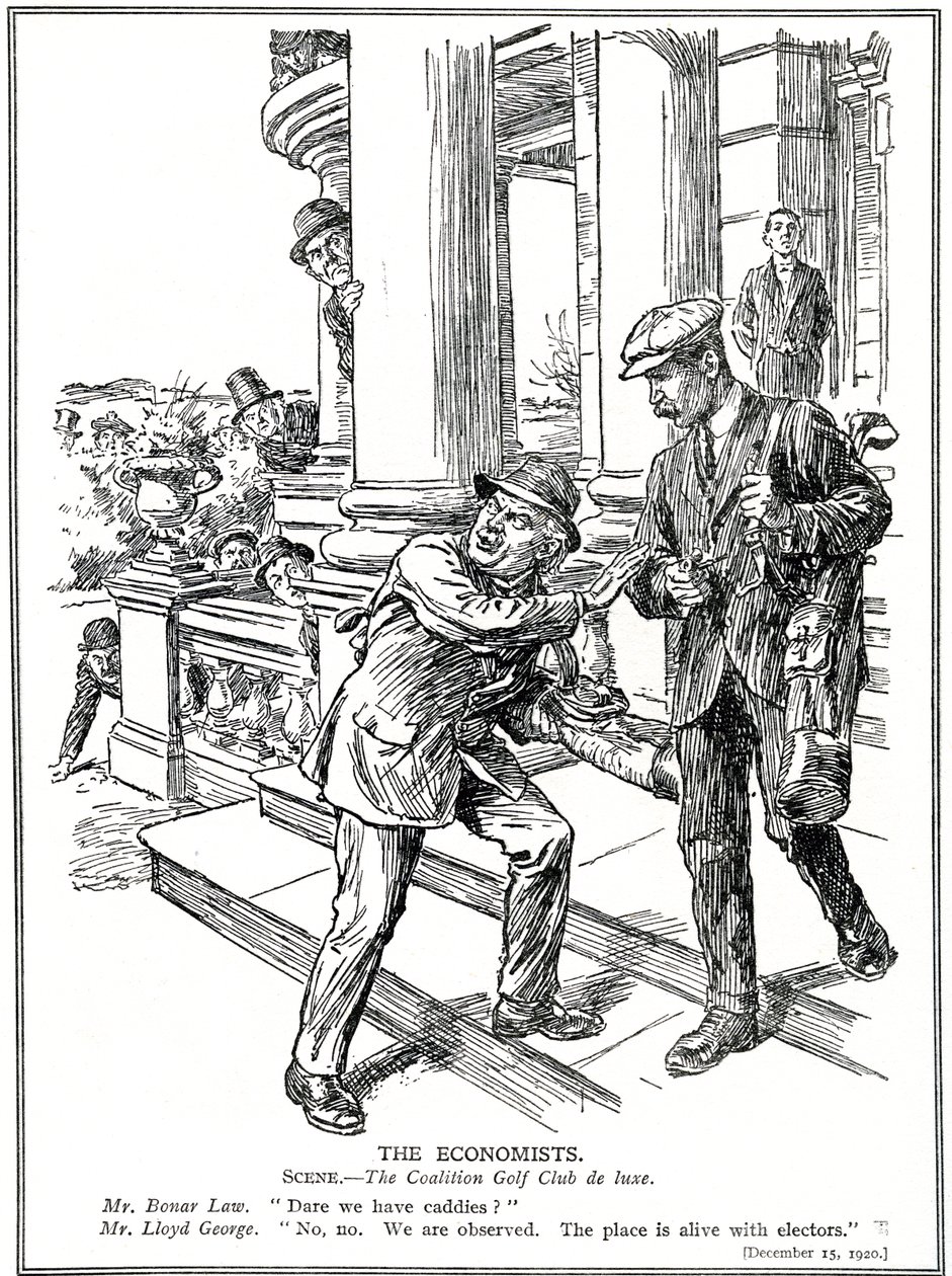 Lloyd George et Bonar Law au Club de Golf de la Coalition, craignant la ligue Anti-Gaspillage, doivent renoncer au luxe des caddies. Décembre 1920 - English School
