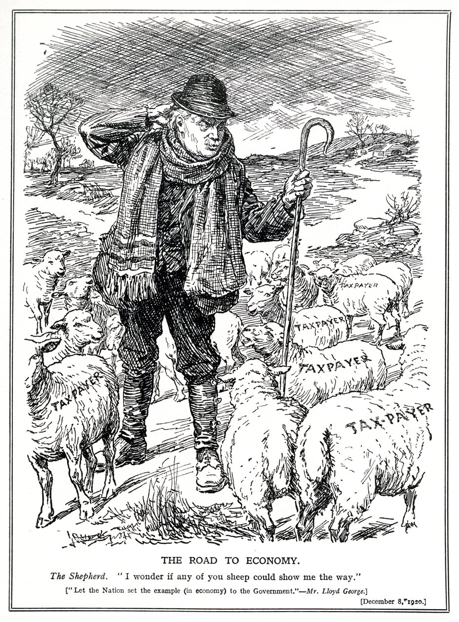 Lloyd George en tant que berger de la Grande-Bretagne demande aux contribuables (moutons) de mener la reprise économique, décembre 1920 - English School