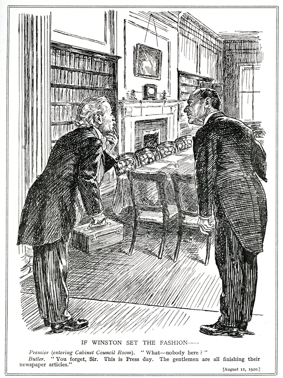 Lloyd George entre dans une salle de cabinet vide de ministres occupés à écrire des articles pour les journaux, août 1920 - English School