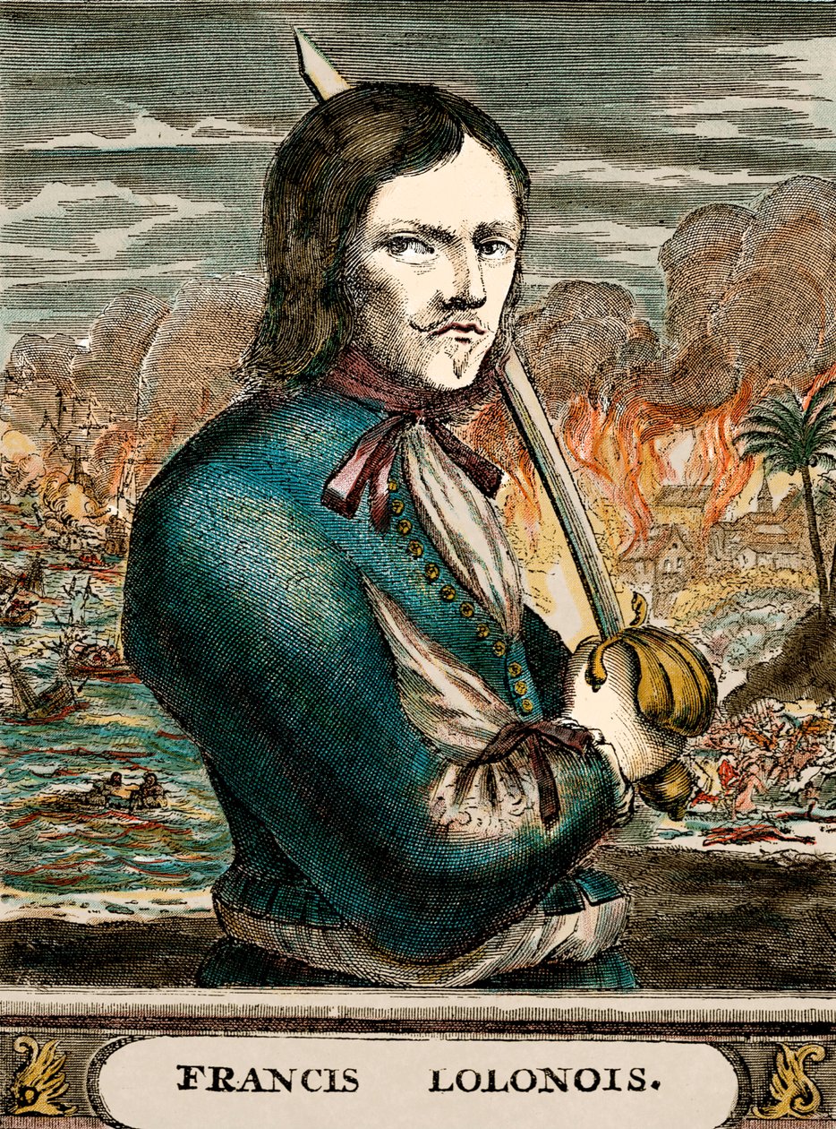 Lolonois le boucanier (gravure coloriée) - English School