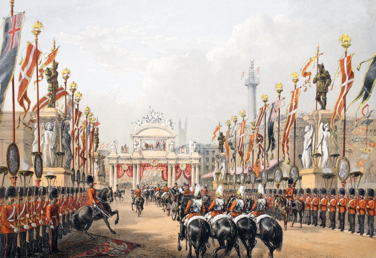 Le pont de Londres, gardé par la Honourable Artillery Company de Londres, de A Memorial of the Marriage of Edward VII and Alexandra of Denmark, pub. 1864 - English School