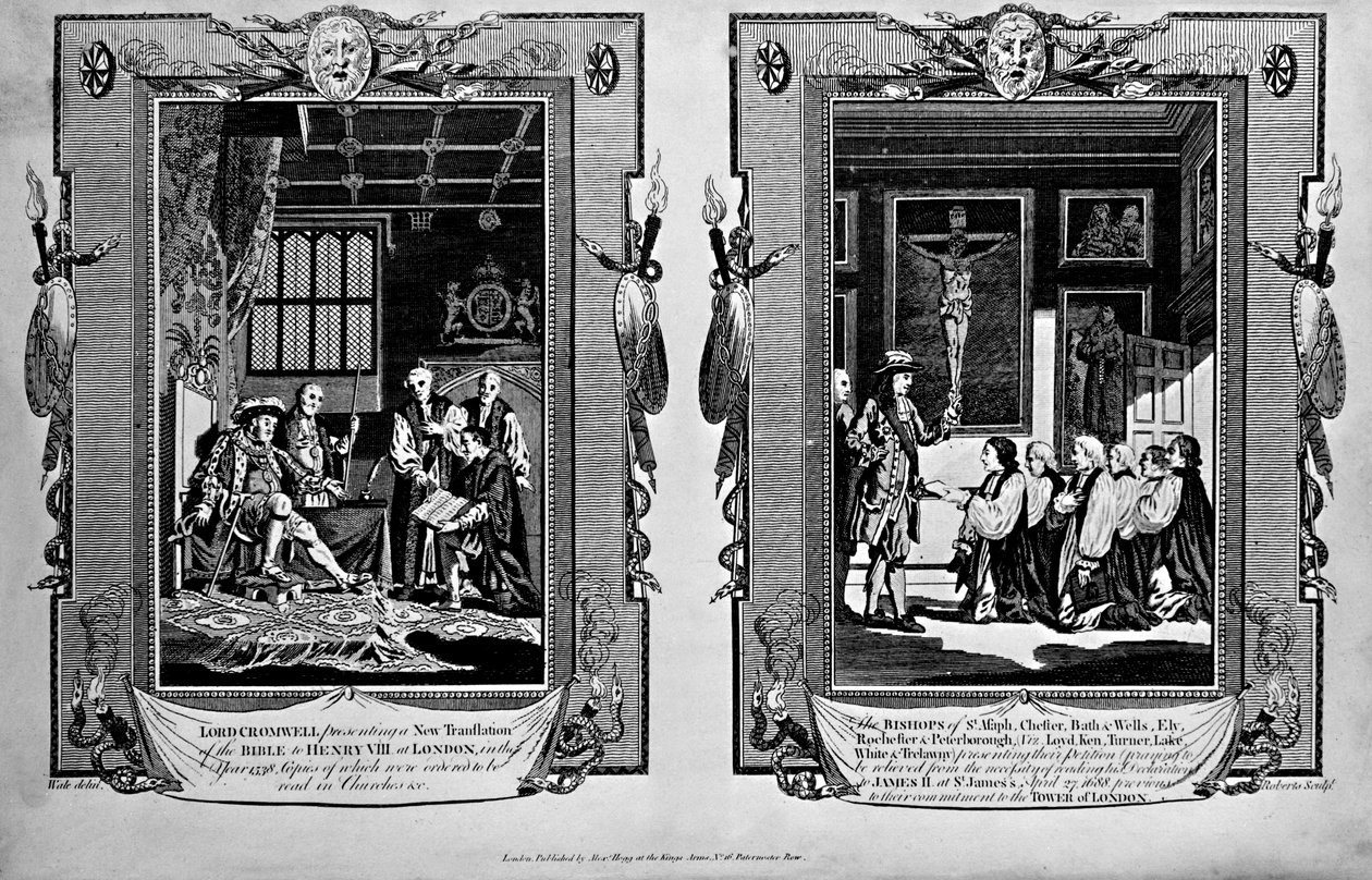 Lord Cromwell présente la bible à Henri VIII et les évêques présentent une pétition à Jacques II en 1688, de 
