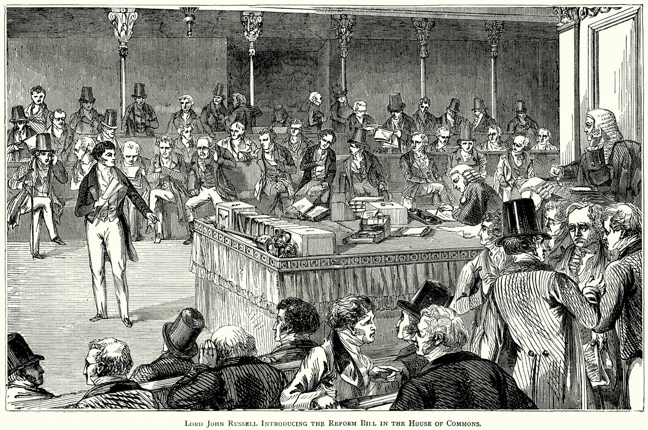 Lord John Russell présentant le projet de loi sur la réforme à la Chambre des communes (gravure) - English School