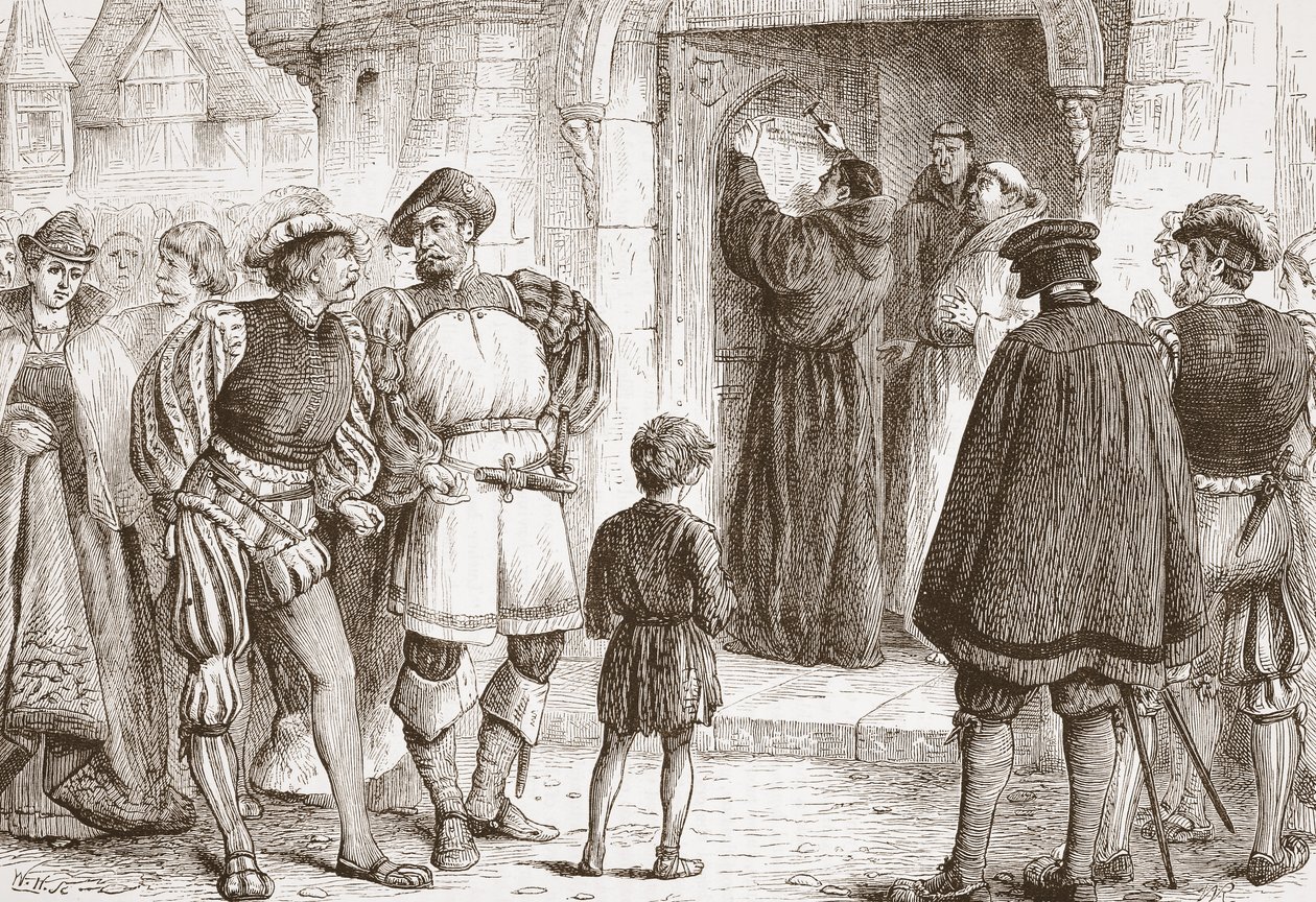 Luther clouant ses thèses à la porte de la Schloss-Kirk à Wittemberg, illustration de L