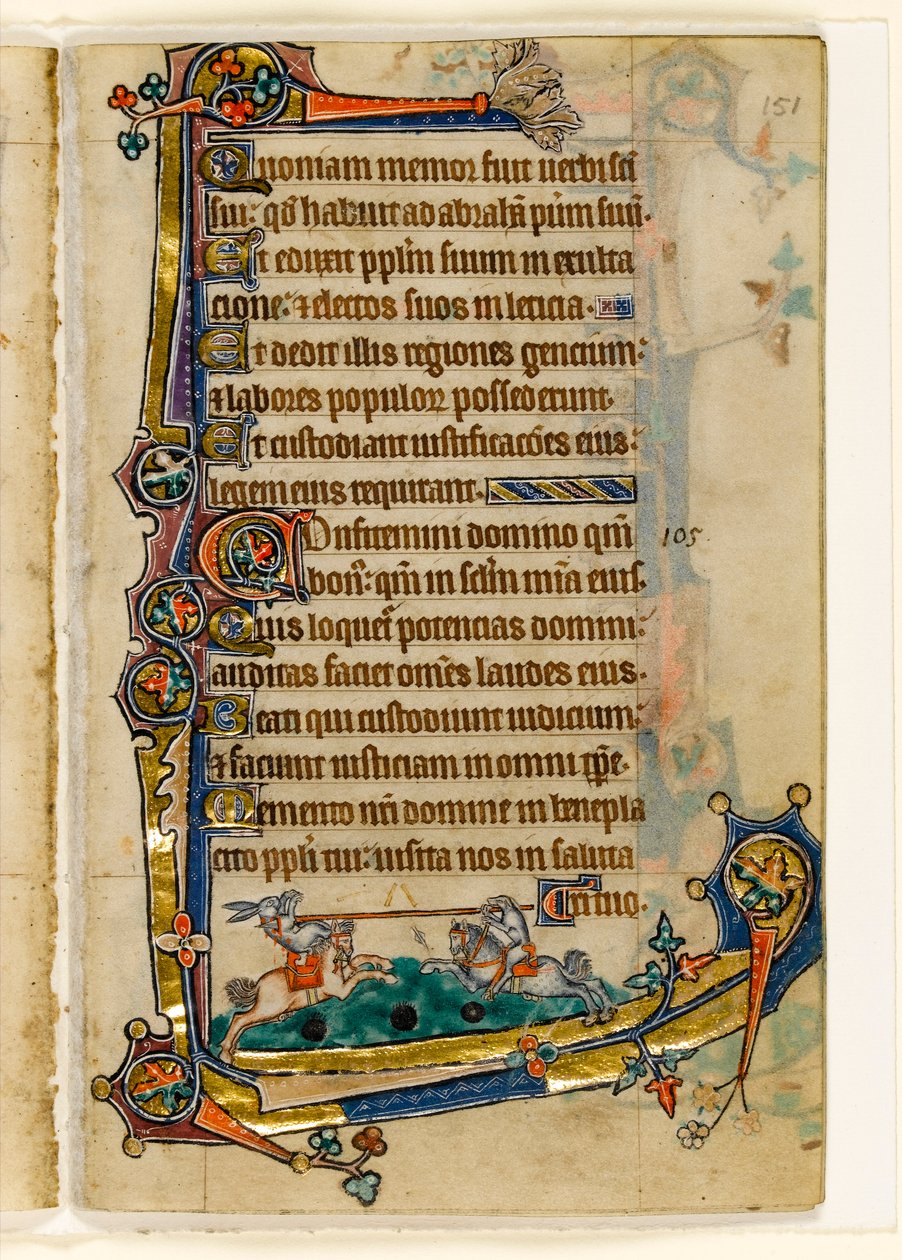 Un chien et un lapin en joute, décoration marginale du Psautier de Macclesfield, Usage de Sarum, East Anglia, vers 1330 - English School