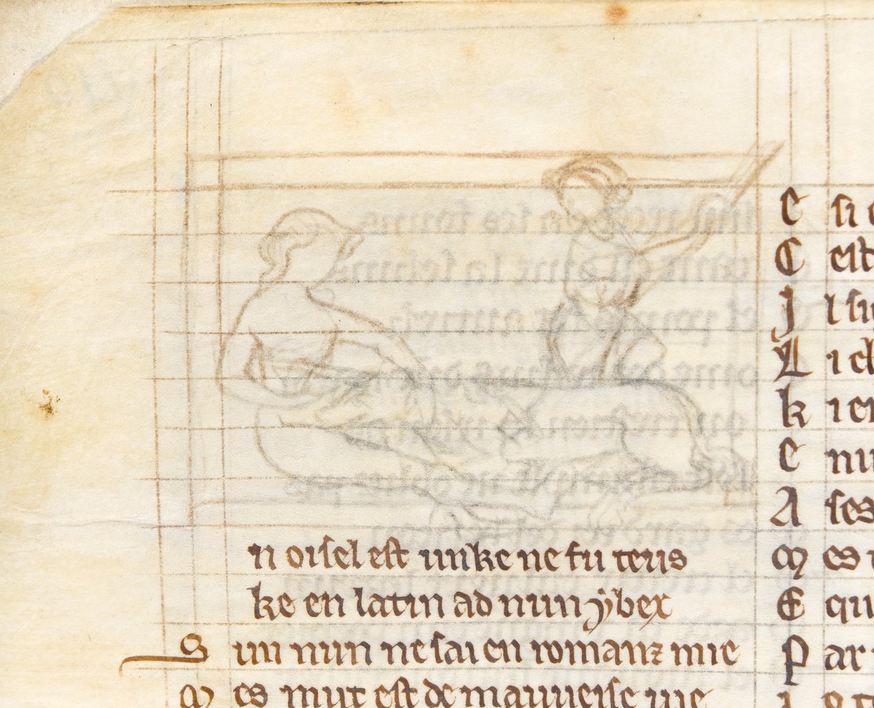 MS McClean 123 f.40v Dessin sous-jacent pour une miniature montrant un chasseur attrapant une licorne allongée nue sur les genoux d