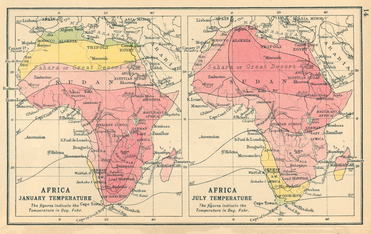 Carte : Afrique, température en janvier, température en juillet (lithographie couleur) - English School