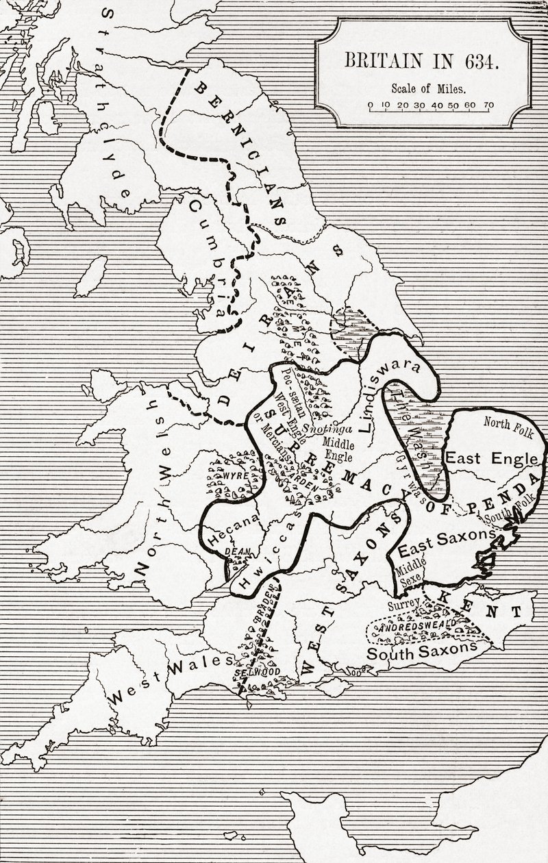 Carte de la Grande-Bretagne en 634, du Royaume de Northumbrie 588 à 685 dans 
