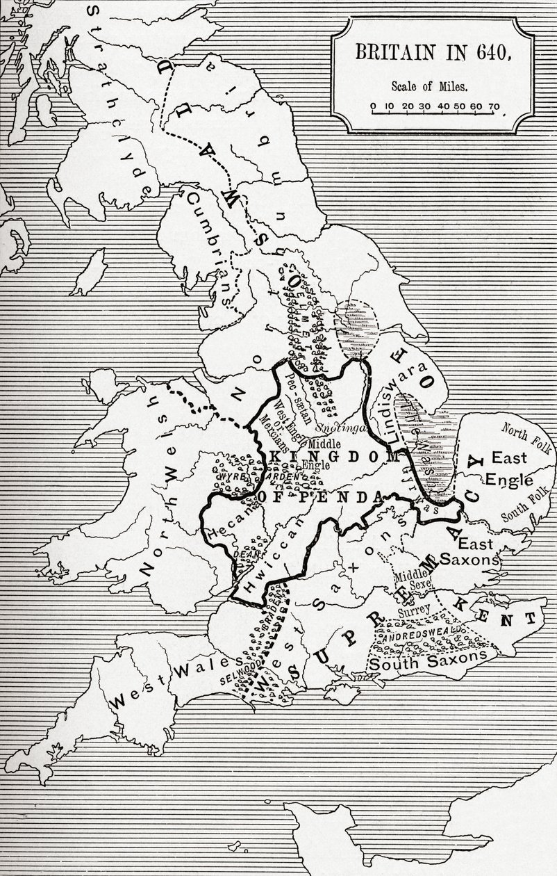 Carte de la Grande-Bretagne en 640, du Royaume de Northumbrie dans 