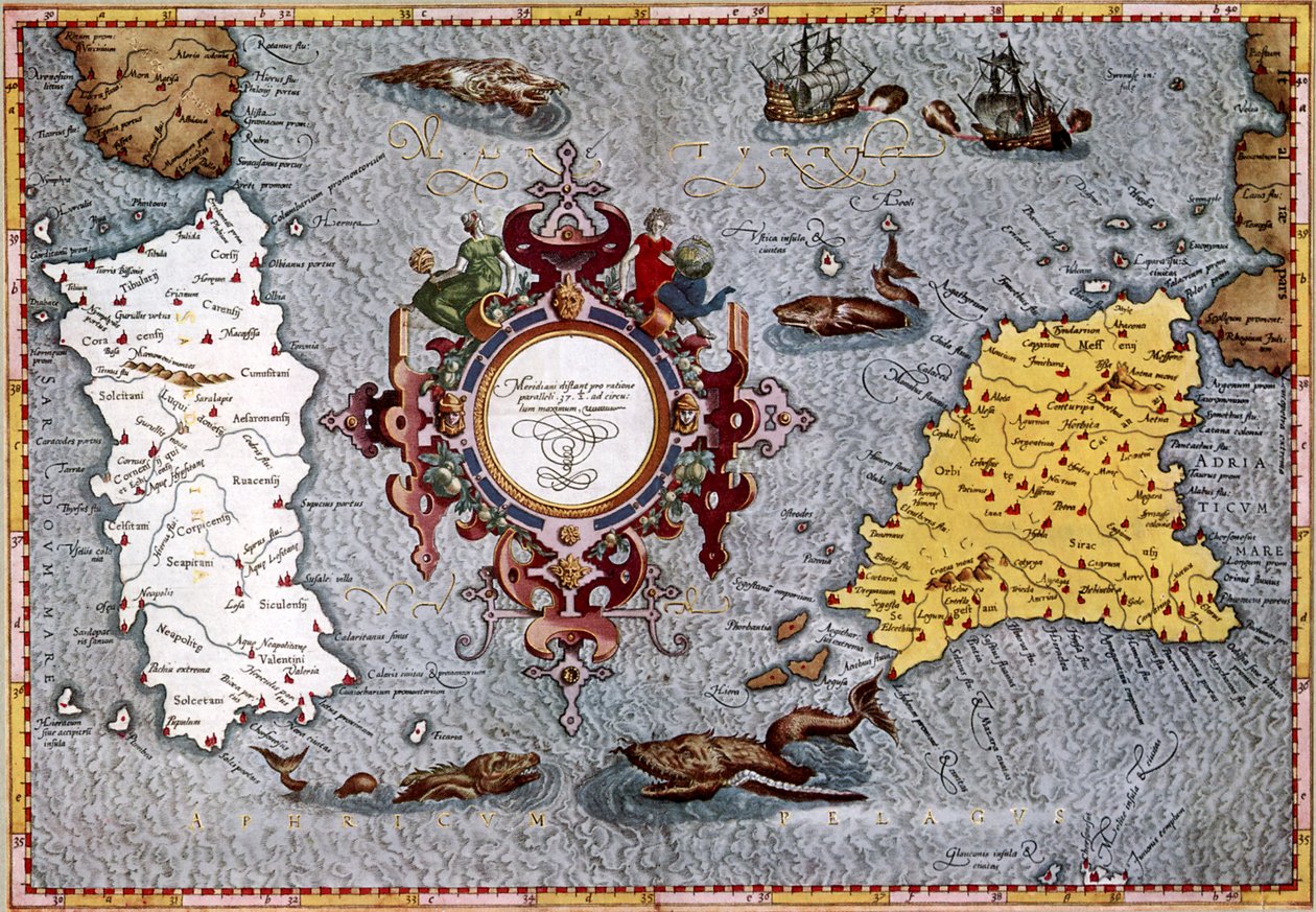 Carte de la Sardaigne et de la Sicile, "Geographica" de Ptolémée - English School