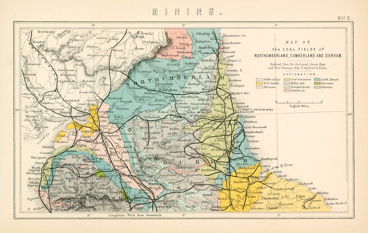 Carte des gisements de charbon de Northumberland, Cumberland et Durham (lithographie couleur) - English School