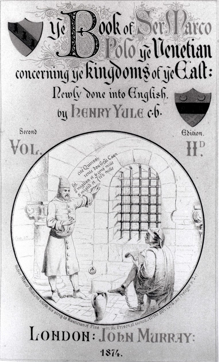 Marco Polo dictant ses mémoires en prison à Rustichello de Pise, page de titre du volume 2 de The Book of Marco Polo the Venetian Concerning the Kingdoms of the East, traduit par Henry Yule, 2e édition - English School