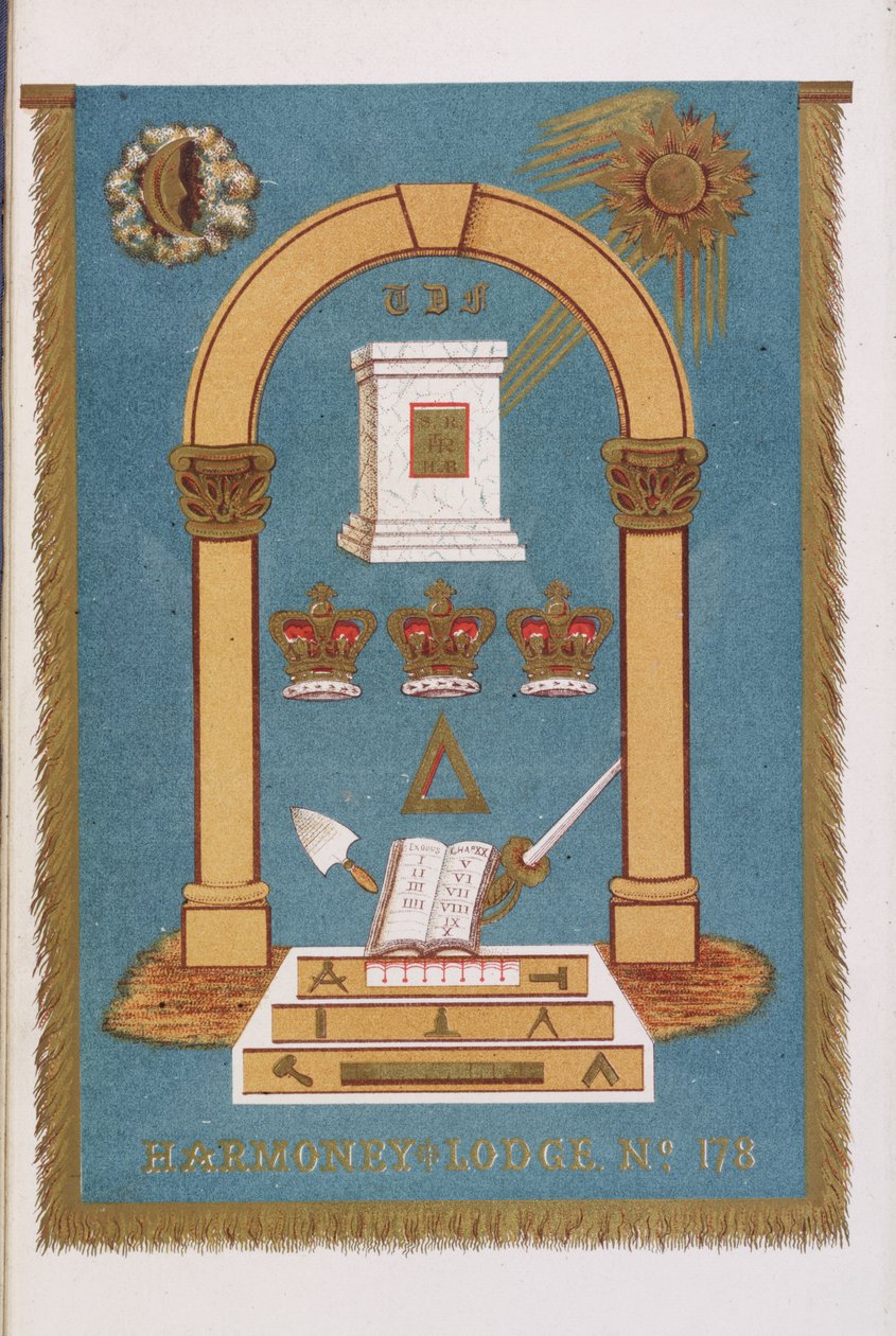 Emblème de la loge maçonnique montrant des piliers et divers symboles - English School