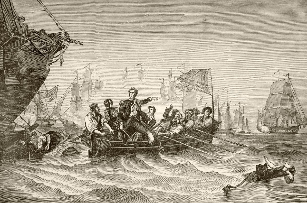Le commandant en chef Oliver Hazard Perry transférant du brig US Lawrence au brig US Niagra pendant la bataille du lac Érié (lithographie) - English School