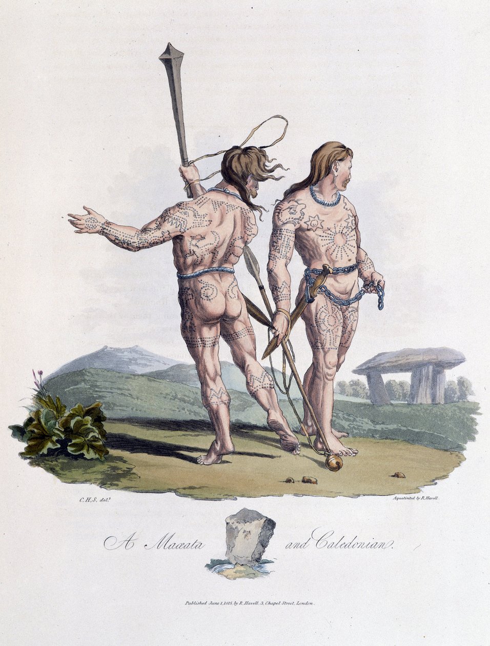 Maxata et Calédonien avec corps peint - dans « Celtes et Goths, coutumes des habitants des îles britanniques du début du VIe siècle et des nations gothiques de la côte ouest de la Baltique », par S.R. Meyrick et Ch. Smith - English School