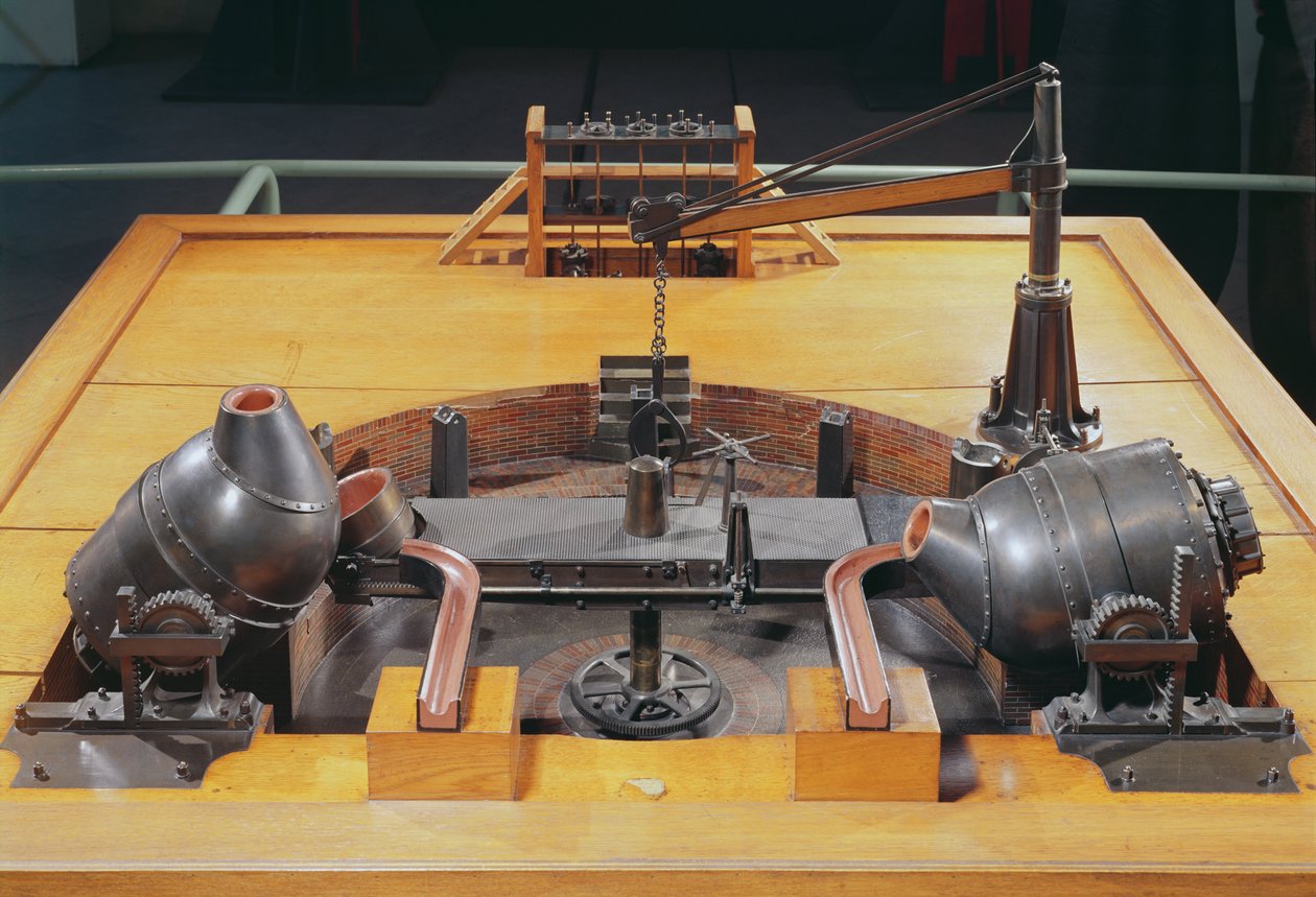 Modèle du convertisseur inventé par Henry Bessemer (1813-98) en 1855 - English School