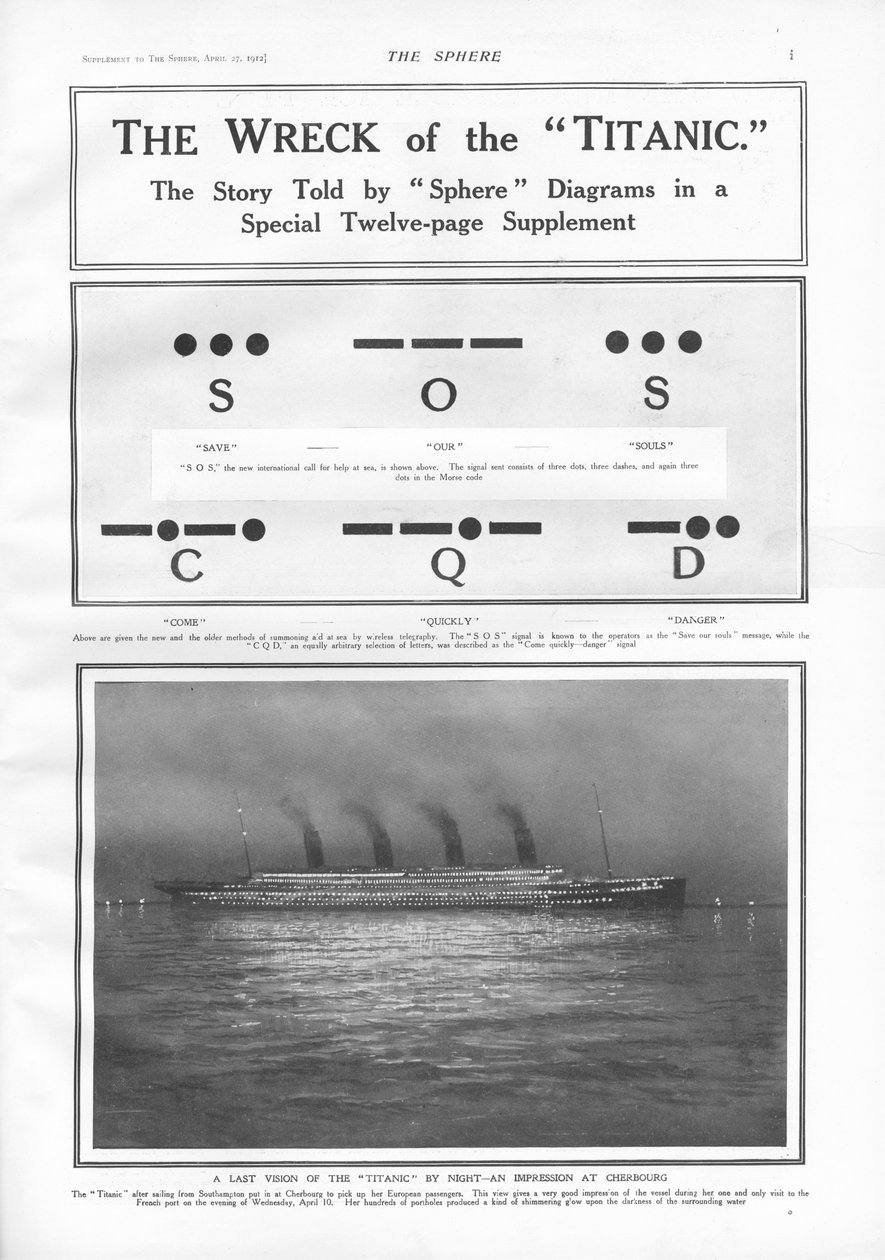 Signaux en code Morse et illustration du navire à vapeur amarré à Cherbourg la nuit, de The Sphere, 27 avril 1912 - English School