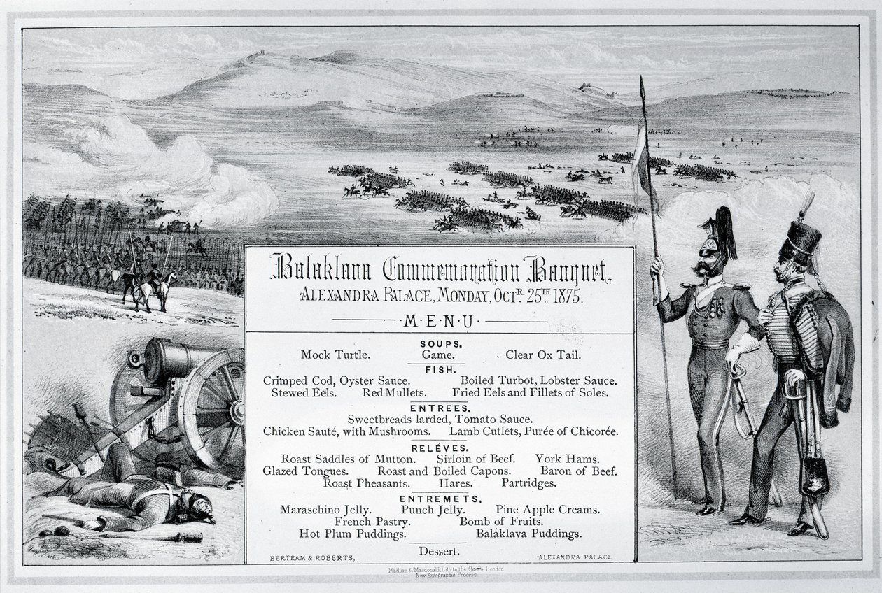 Menu illustré monté pour le Banquet de Commémoration de Balaklava tenu au Palais Alexandra, 25 octobre 1875 - English School
