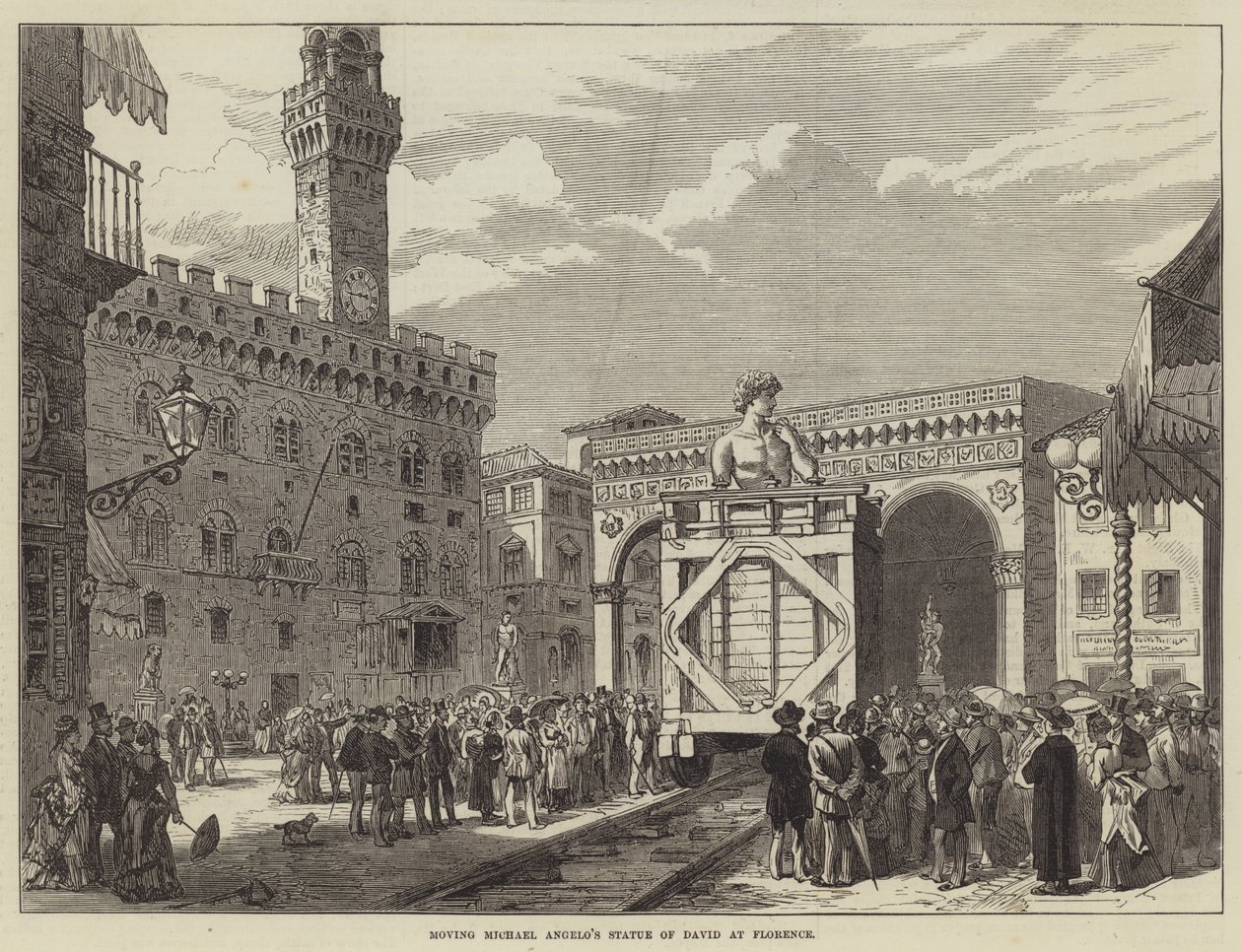 Déplacement de la statue de David de Michael Angelo à Florence (gravure) - English School