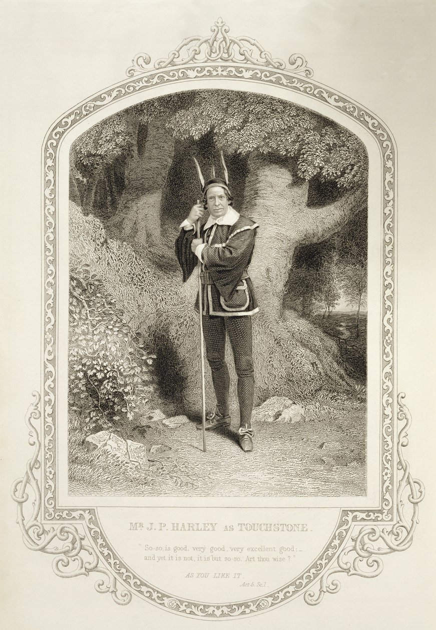 M. J.P. Harley en Touchstone, Acte V Scène 1, dans Comme il vous plaira de William Shakespeare (1564-1616) gravé par George Hollis (1792-1842) d