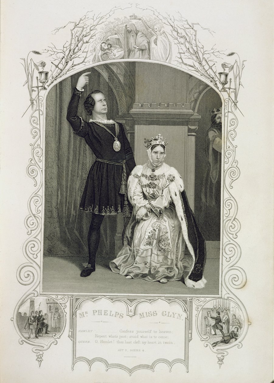 M. Phelps en Hamlet et Mlle Glyn en reine Gertrude, Acte III Scène 4, dans Hamlet de William Shakespeare (1564-1616) - English School
