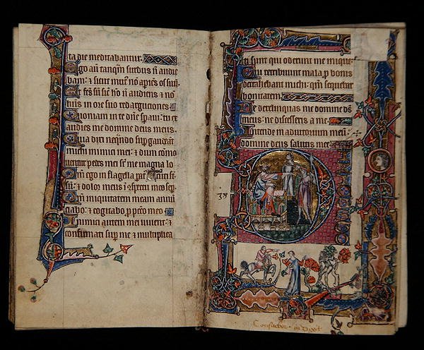 Ms 1-2005, ff.57v-58r : Saül envoyant Doeg tuer les prêtres de Nob, initiale historiée du Psautier de Macclesfield, Usage de Sarum, East Anglia, vers 1330 - English School