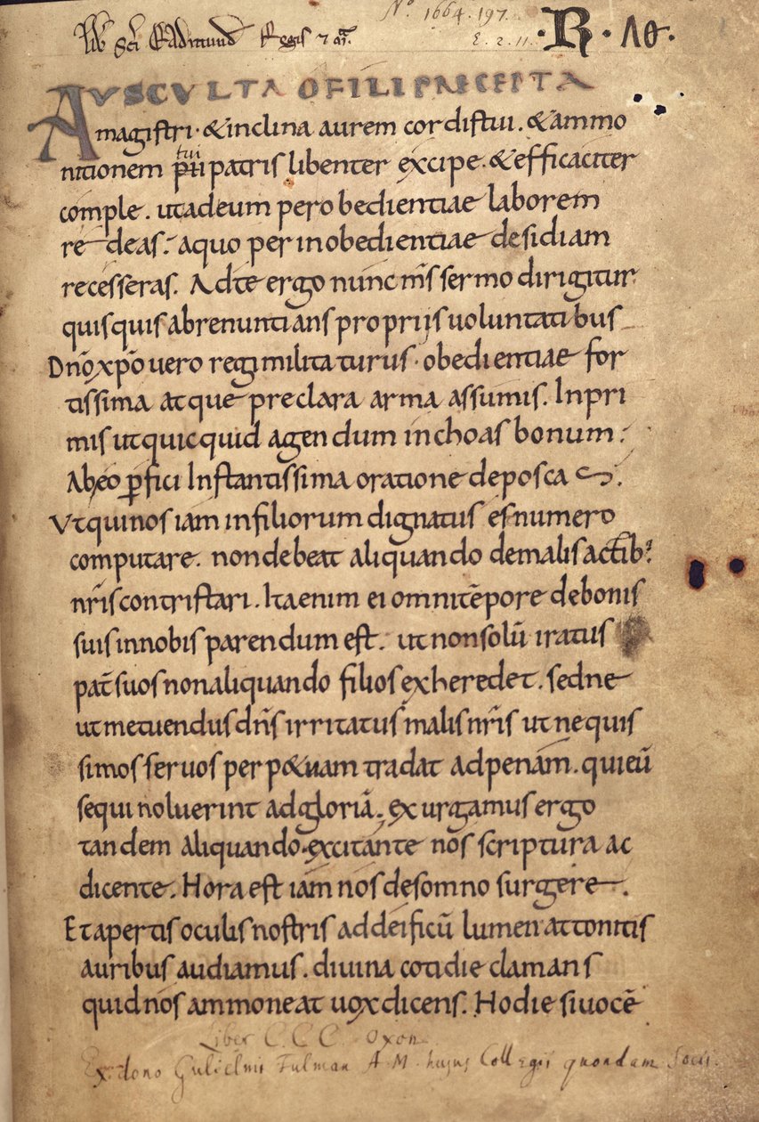 Ms. 197 f.1r Règle de Saint Benoît - English School