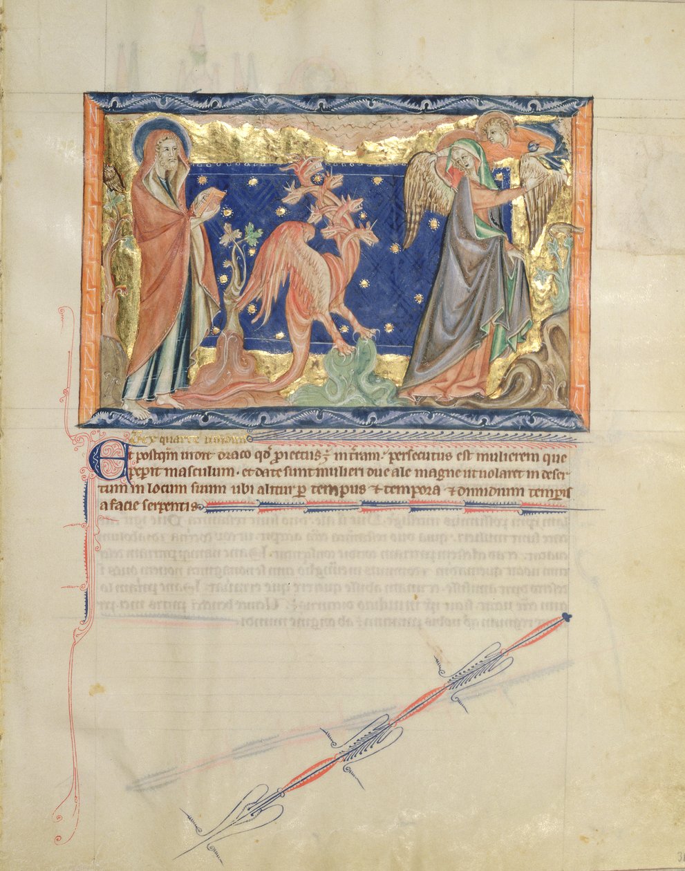 Ms L.A. 139-Lisboa fol.31 Saint Jean regardant un ange aider la femme à échapper au dragon rouge, de l