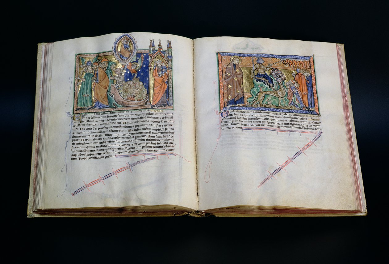 Ms L.A. 139-Lisboa fol.37v-38 La bête blasphémant le nom de Dieu, et les gens adorant les 3e et 2e bêtes, de l