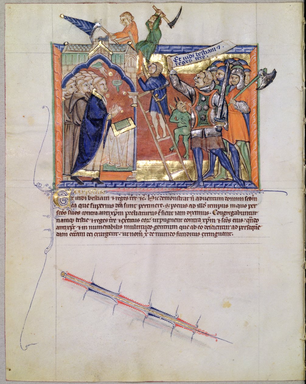 Le Guerrier Divin menant une armée contre ceux qui attaquent les fidèles, du Gulbenkian Apocalypse, c.1265-70 - English School