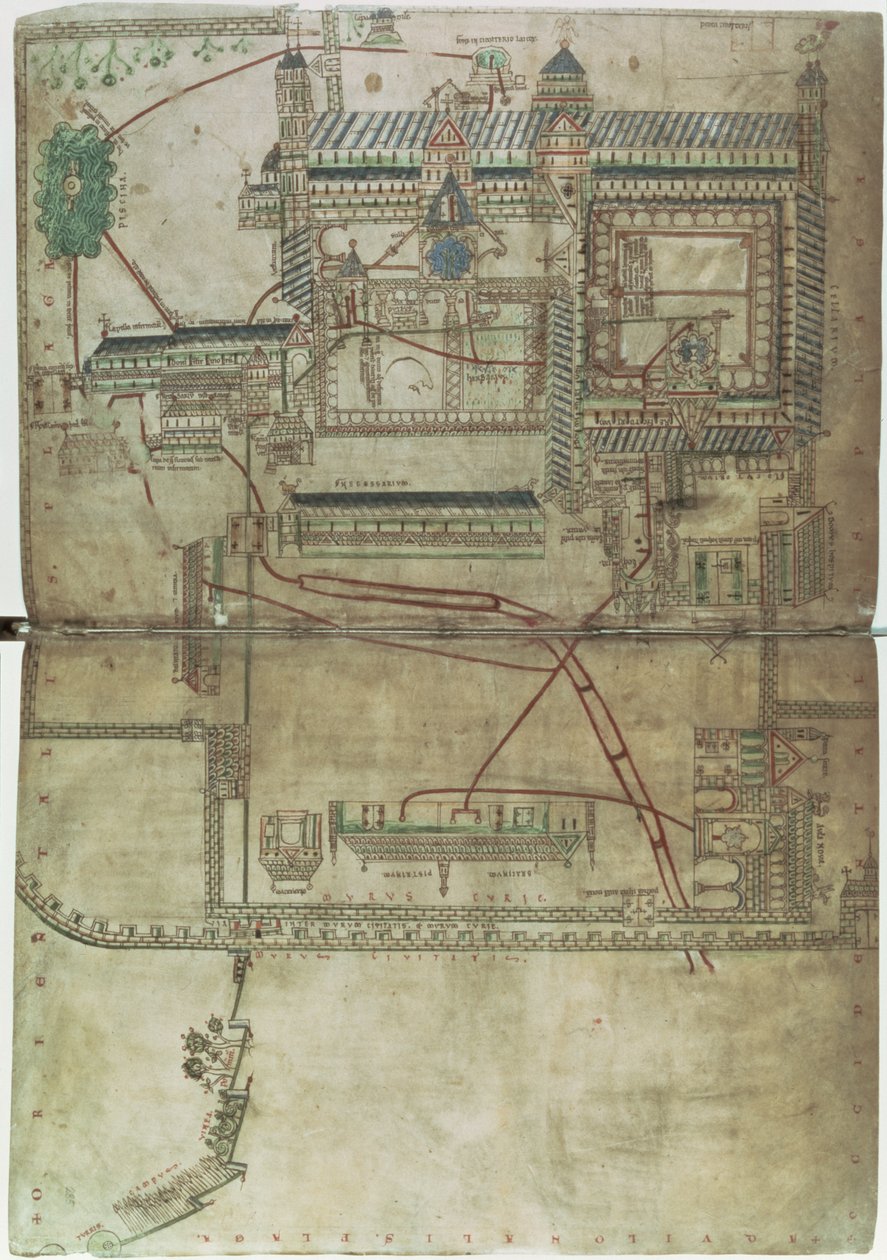 Plan de la cathédrale de Canterbury et du système de plomberie, du 