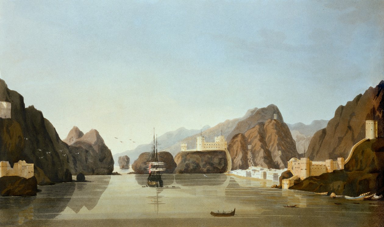Muscat depuis le port avec une frégate britannique au mouillage, de Seize vues de lieux dans le golfe Persique, par le lieutenant R. Temple, publié en 1813 - English School