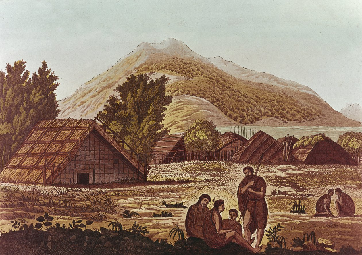 Autochtones, avec huttes et montagnes derrière, gravé par F. Fumagalli - English School