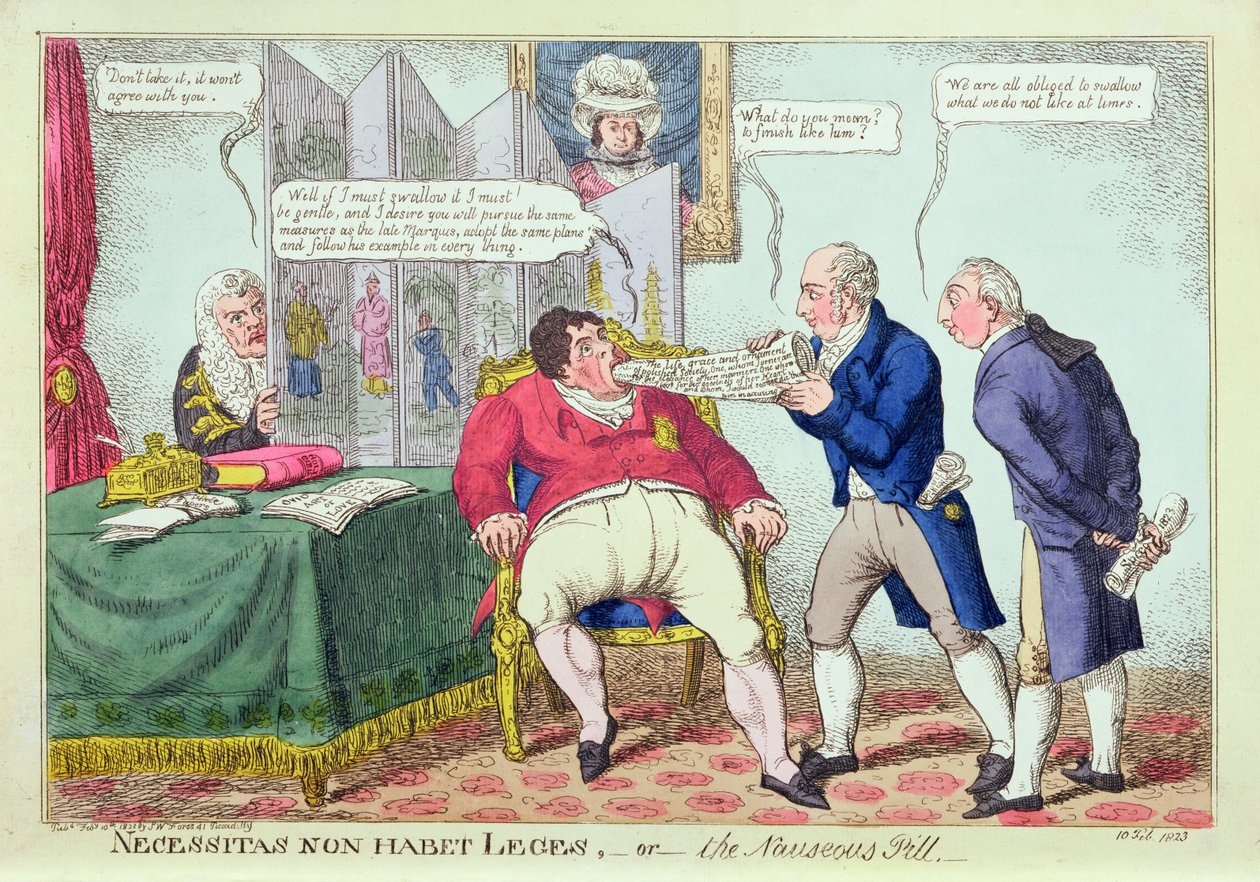 Necessitas Non Habet Leges, ou la Pilule Nauséabonde, 1823 (gravure coloriée à la main) - English School
