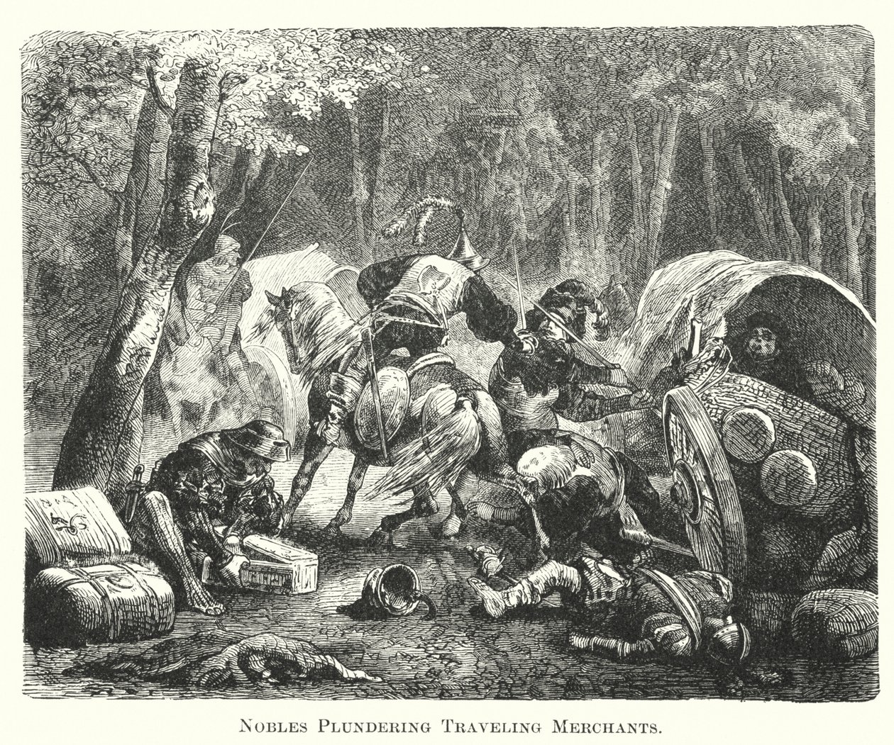 Nobles pillant les marchands ambulants (gravure) - English School