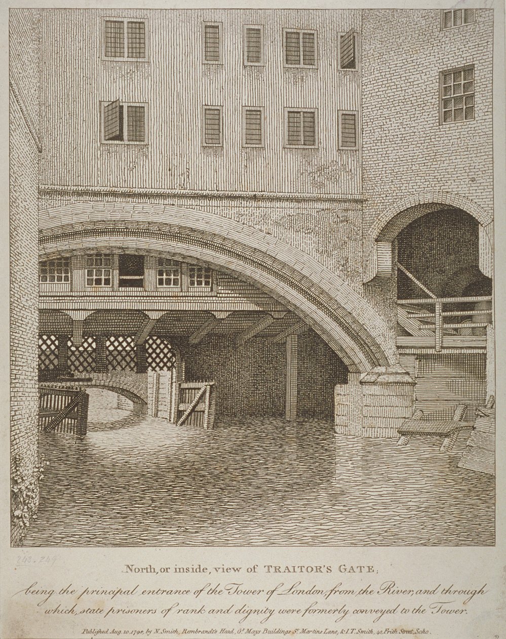 Vue nord de la Traitors Gate, Tour de Londres, publiée par Nathaniel Smith, 1798 - English School